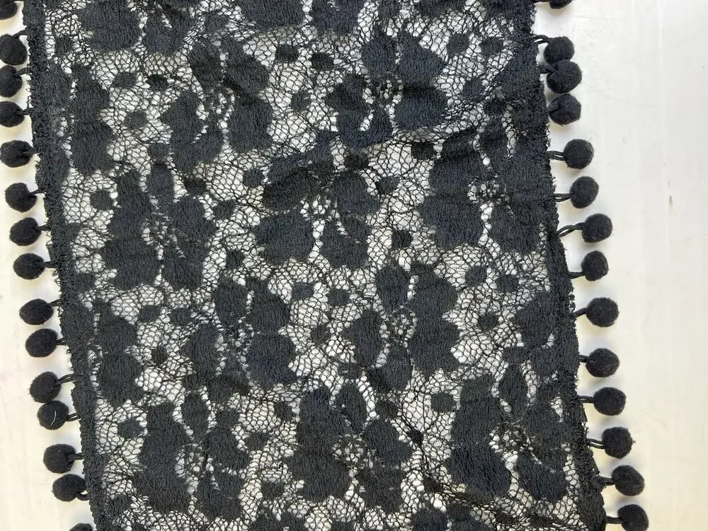 Lace Scarf Black Pom Poms Rectangle 60